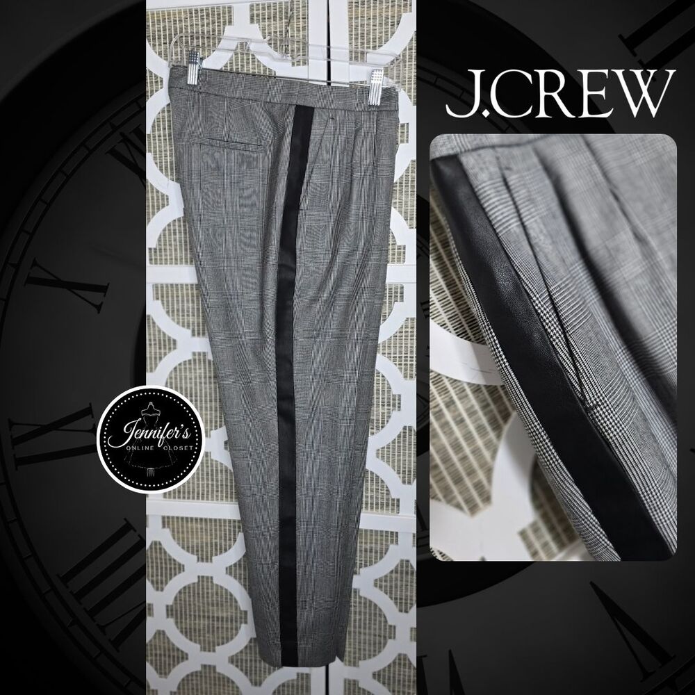 J. Crew Women's Gray & Black Martie Plaid Faux Leather Tux Stripe Pants Size 10